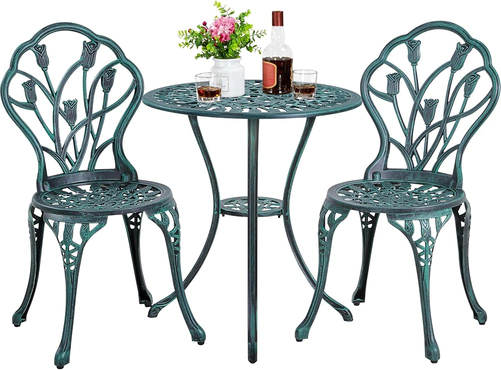 Yaheetech 3 Piece Patio Bistro Set Round Aluminum Table Two Chairs Green
