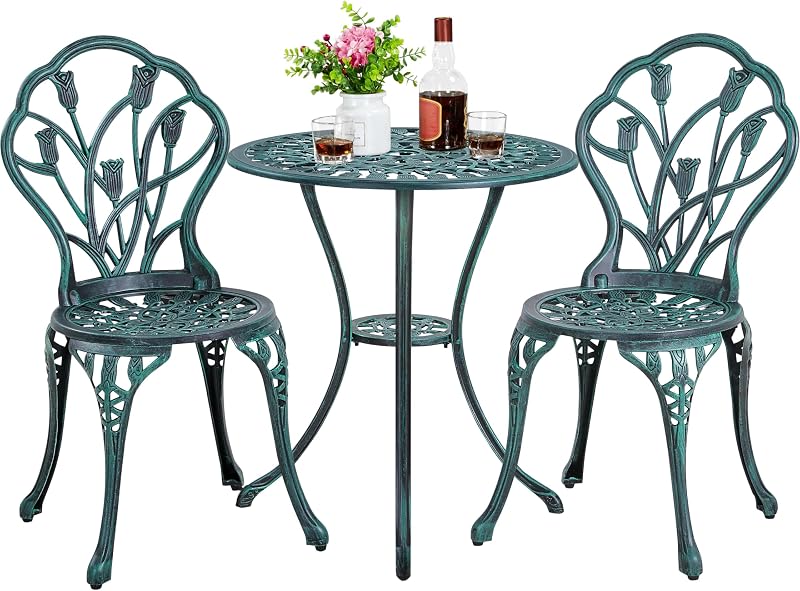 Yaheetech 3 Piece Patio Bistro Set Round Aluminum Table Two Chairs Green