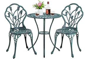 Yaheetech Patio Bistro Sets 3 Piece Cast Aluminum Bistro Table and Chairs Set, Cast Aluminum Bistro Table and Chairs Set of 2 with Umbrella Hole for Patio Backyard Balcony, Green