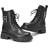 ElegaStep Womens Combat Boots for Women Black Ankle Booties Fashion Buckle Motorcycle Goth Chunky Heel