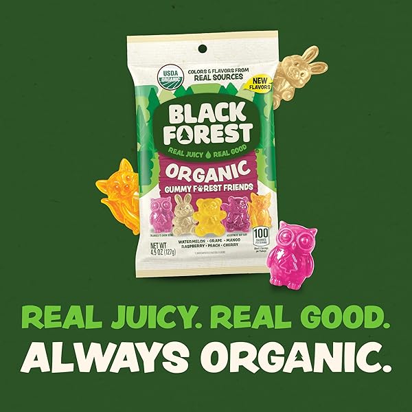 BLACK FOREST ORGANIC GUMMY FOREST FRIENDS CANDY, MADE WITH REAL FRUIT JUICE, COLORS AND FLAVORS FROM NATURAL SOURCES, GLUTEN FREE AND FAT FREE, 4.5OZ BAG