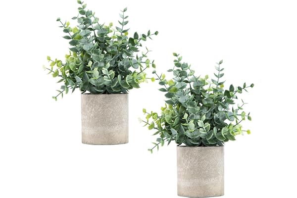 Coferset 2 Pack Small Fake Plants Eucalyptus Potted Artificial Plants for Shelf Desk Home Bathroom Farmhouse Room Coffee Tabl