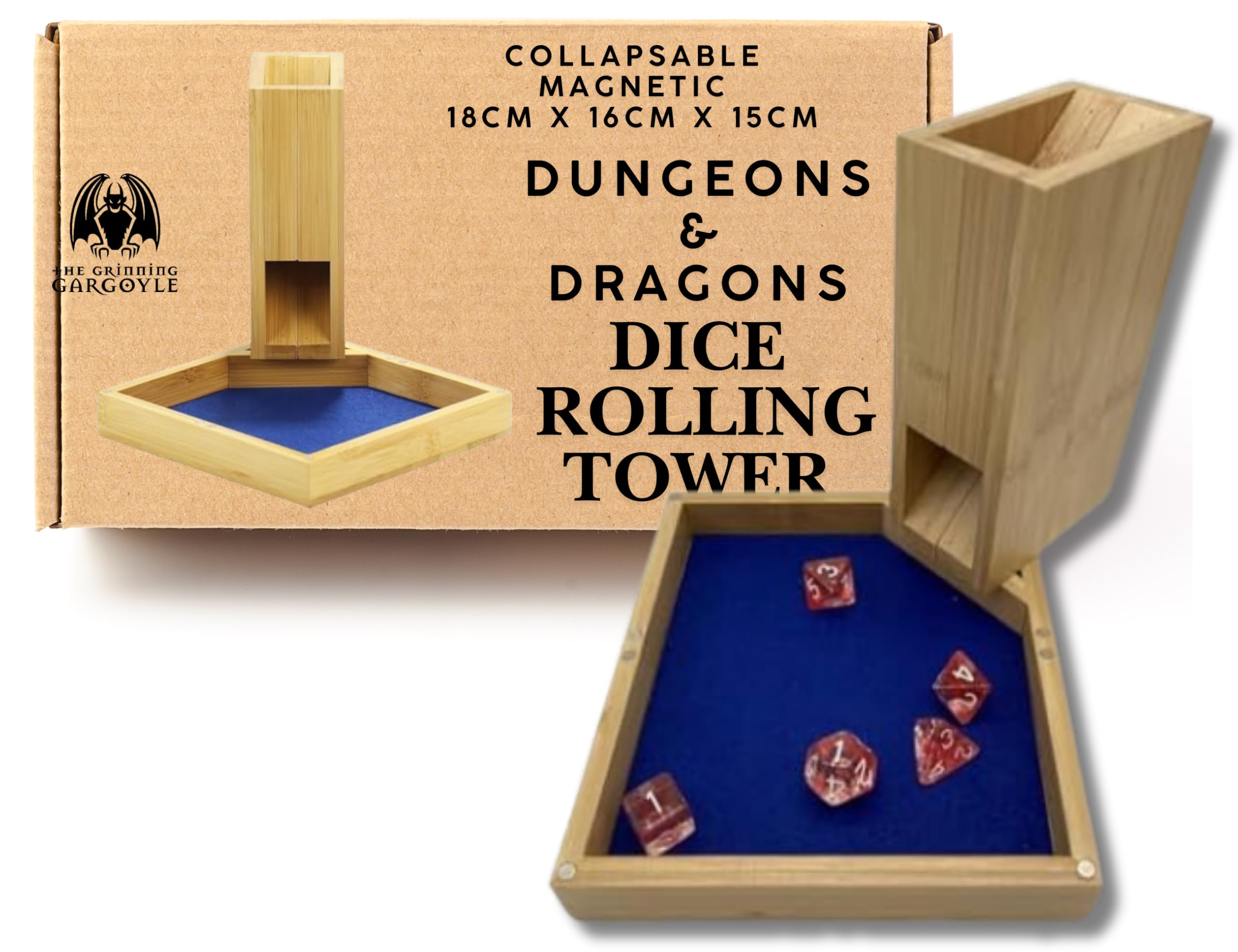 Grinning Gargoyle 18cm Bamboo DnD Dice Tower Collapsible - Portable Magnetic Wooden DND Accessory - Perfect for Role-playing and Tabletop Games - Noise Dampening Wood Dice Rolling Tray - RPG Gifts