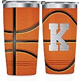 Onebttl Personalized Basketball Gifts for Teen Boys, Men, Coaches, 20oz Stainless Steel Tumbler with Laser Etched Initials for Basketball Players, Lovers, Orange - K
