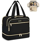 Hanke Travel Toiletry Bag, Lightweight Wide-open Large Toiletry Bags for Women, Dual-Layer Makeup Bag Water-Resistant Cosmetic Travel Bag with Handle for Accessories, Essentials, Black