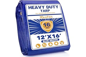 Kesfitt Tarp Heavy Duty Waterproof 12x16FT,16 Mil Thick Tarps Tear&Fade Resistant,UV Resistant,Poly Tarp Cover with Grommets and Reinforced Edges for Outdoor Camping Pools Boat Car(Blue/Brown)