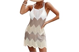 Women's Hollow Out Crochet Cover Up Color Block Side Slit Sleeveless Scalloped Beach Dresses