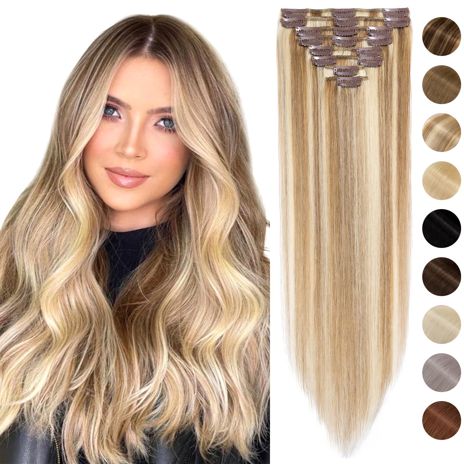 Silk-co 8PCS Clip in Real Human Hair Extensions - 14inch #12/613 Golden Brown & Bleach Blonde - Basic Thickness - Thin Weft 60g - Straight Remy Hair Extensions