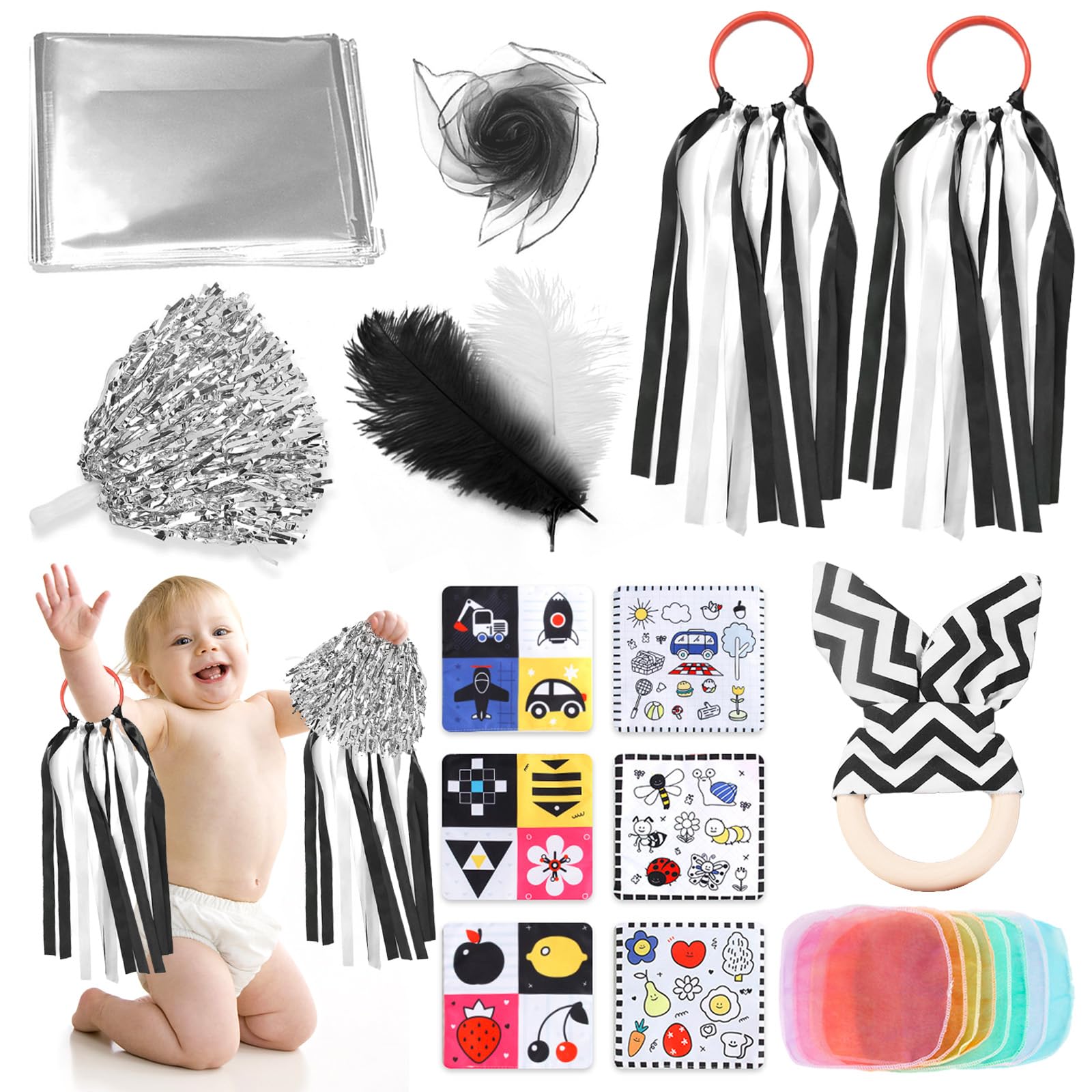19Pcs Baby Sensory Set, Sensory Foil Blanket Baby Crinkle Papers Black & White Ribbon Rattle Toy for Babies, Newborn Sensory Toy Scarf Feathers for 0 3 6 9 12 Months Early Learning Autism ADHD