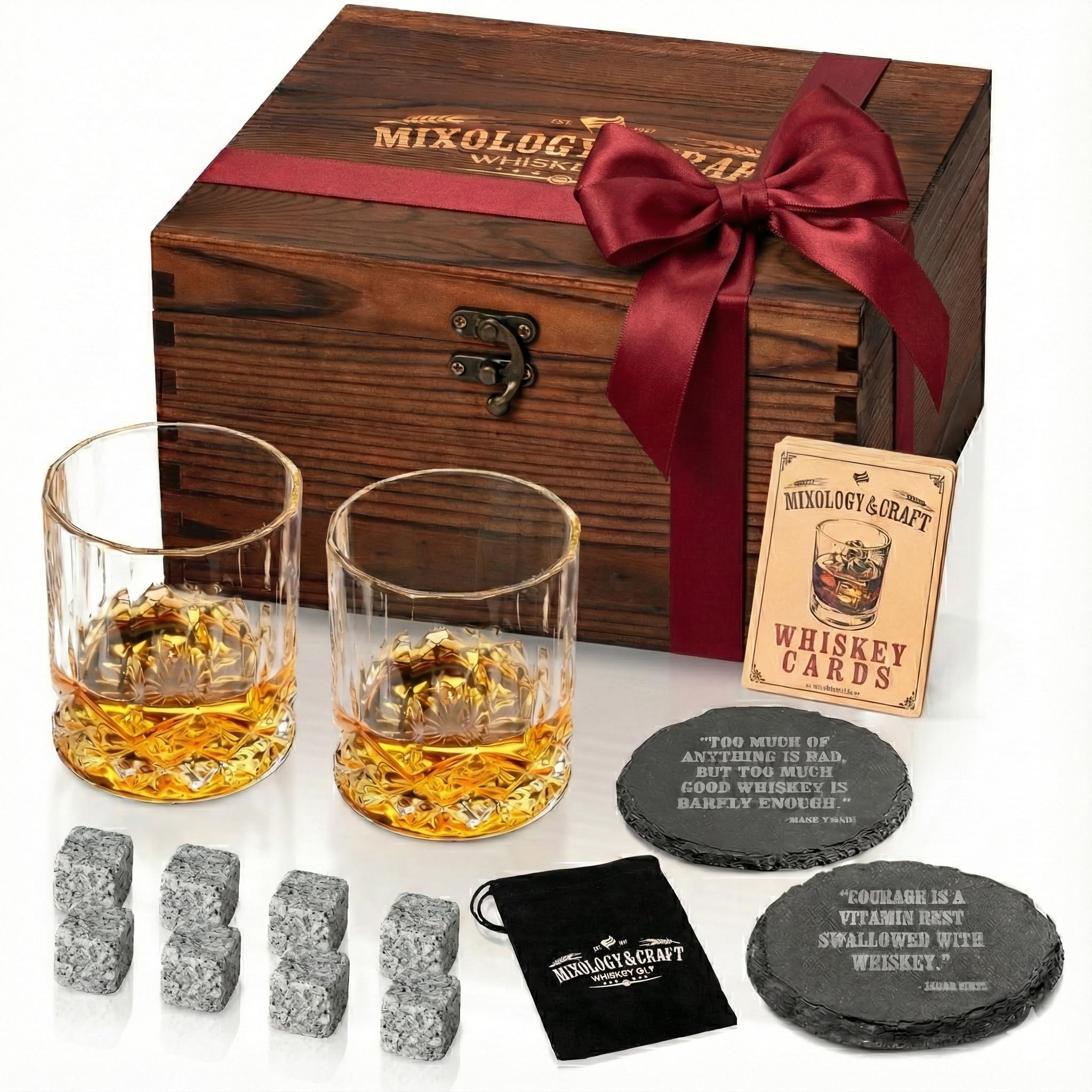 Mixology & Craft Whiskey Stones Gift Set: with Two 10oz Lead-Free Crystal Whiskey Glasses, 8 Whiskey Stones with Velvet Bag, 2 Slate Coasters & Recipe Cards in Wooden Crate | Great
