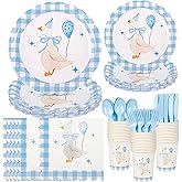 Houuqe 175 PCS One Silly Goose Birthday Party Tableware Set, Blue Gingham Party Supplies for 25 Guests Scalloped Plates and Napkins Blue and White Paper Plates Checkered Dinner Decor Set for Birthday