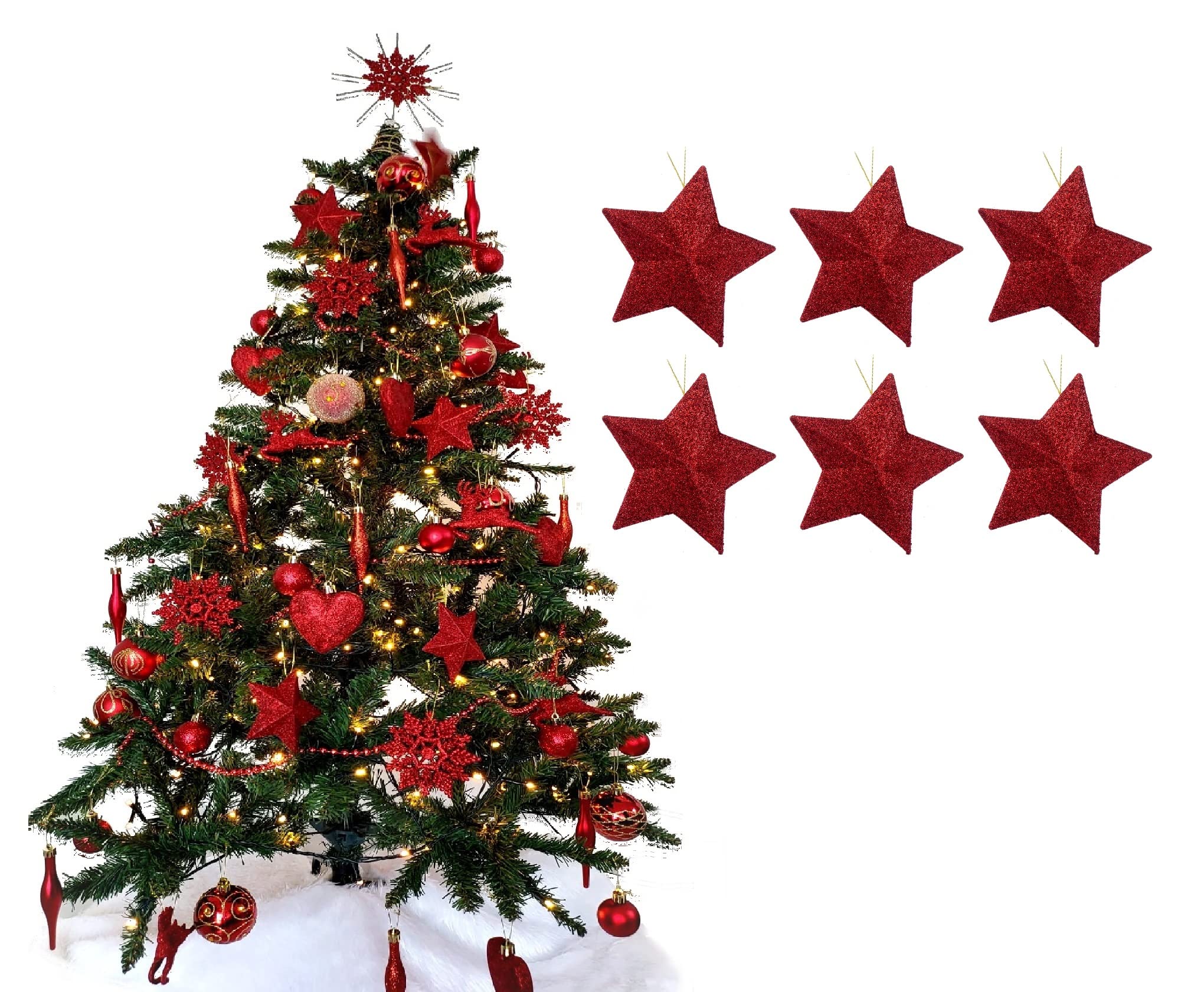 Pack of 6-8cm 3D Glitter Star Baubles Christmas Tree Decorations (Red) — image 1