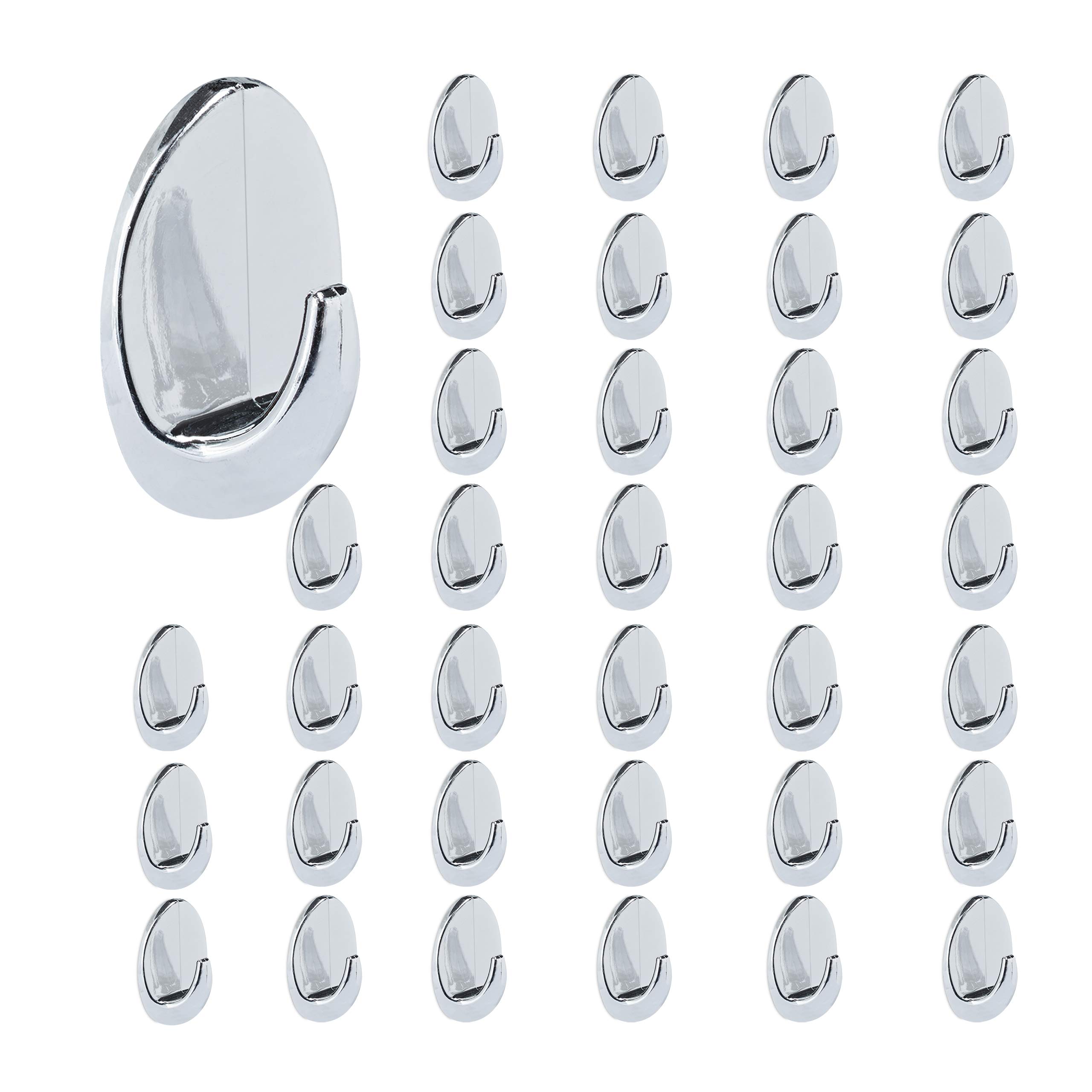 Relaxdays Adhesive Hooks, Set of 36, Plastic Towel Hangers Chrome Plated, Bathroom & Kitchen, 4 x 2.5 x 1.5 cm, Silver