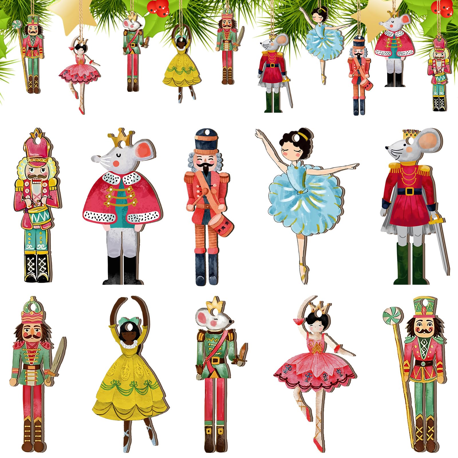 Photo 1 of Vercraft 50 Pcs Christmas Nutcracker Wooden Ornaments Christmas Nutcracker Tree Hanging Decoration Mini Girls Princess Ballet Mouse King Figure with Ropes for Xmas Tree Home Decor(Pink)