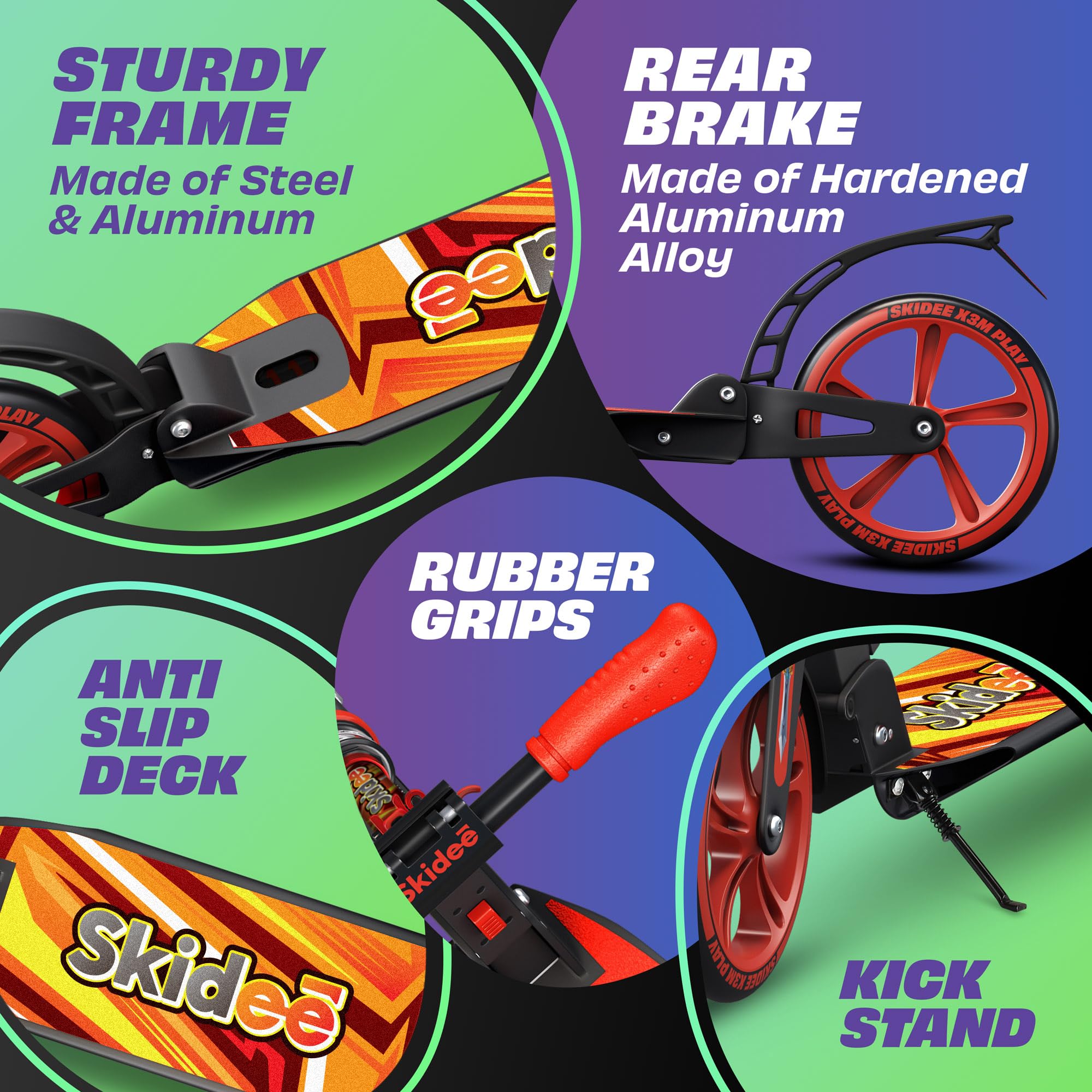 Skidee Adult & Teen Scooter Adjustable Height, Folding, Large Wheels, Lightweight, Durable, Anti-Shock Suspension, Up to 220 lbs