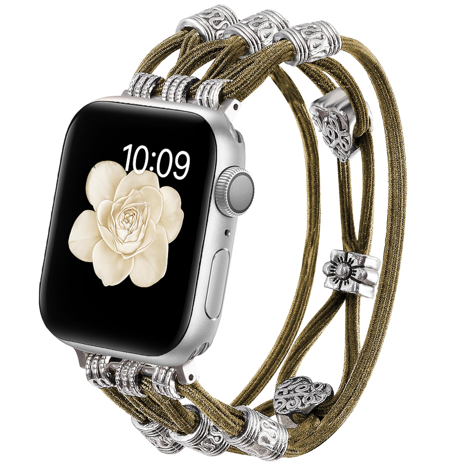 Beaded Bracelet Compatible with Apple Watch Band 38mm 40mm 41mm 42mm (S10) Women, Boho Braided Solo Loop Nylon Strap Dressy Band Cute Fancy Charms Replacement for iWatch Series 10/9/8/SE/7/6/5/4/3 M