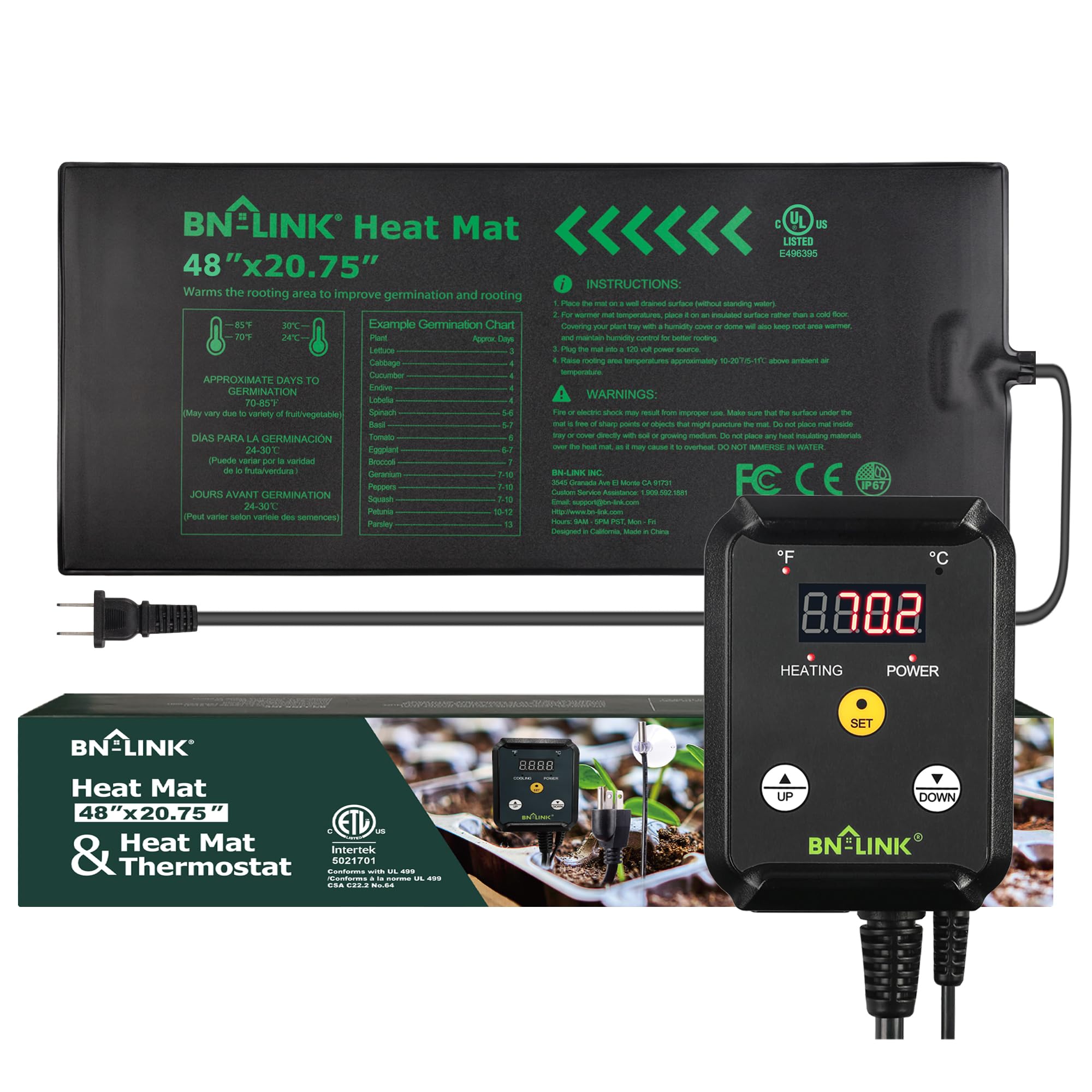 BN-Link Durable Seedling Heat Mat Heating Pad 48" x 20.75" with Digital Thermostat Controller Combo Set Waterproof for Indoor Seed Starting and Plant Germination