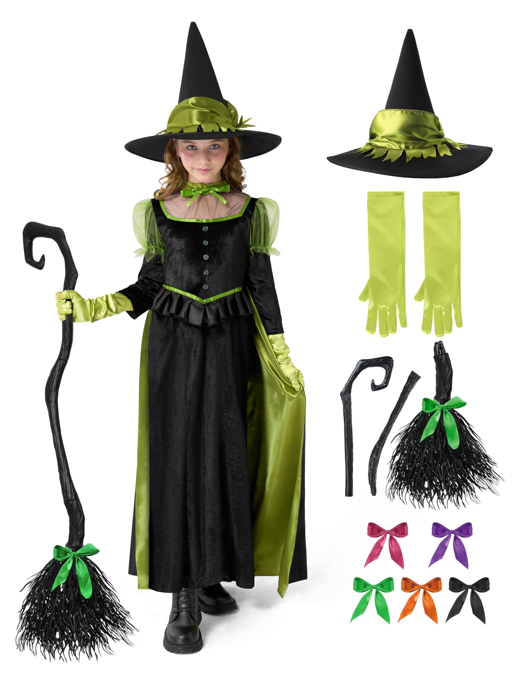 Photo 1 of Spooktacular Creations Halloween Child Girl Black Wizard Witch Costume, Kids Witch Outfit Set with Broom Hat Gloves for Halloween Dress Up Role Play Parties