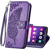 HAOTP for Samsung Galaxy S25 Ultra Phone Case Wallet,Women Flip Folio Cover Credit Card Holders Emboss Butterfly Flower PU Leather Purse Wrist Strap Kickstand Case for Samsung Galaxy S25 Ultra Purple