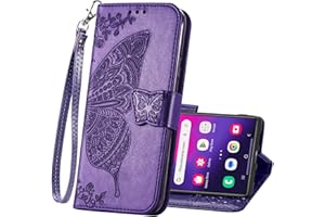 HAOTP Wallet Case for Samsung Galaxy S24 Ultra,Women Flip Folio PU Leather Protective Case Wrist Strap Card Slots Holder Purse Emboss Butterfly Flower Stand Flip Case for Samsung Galaxy S24 Ultra Purple