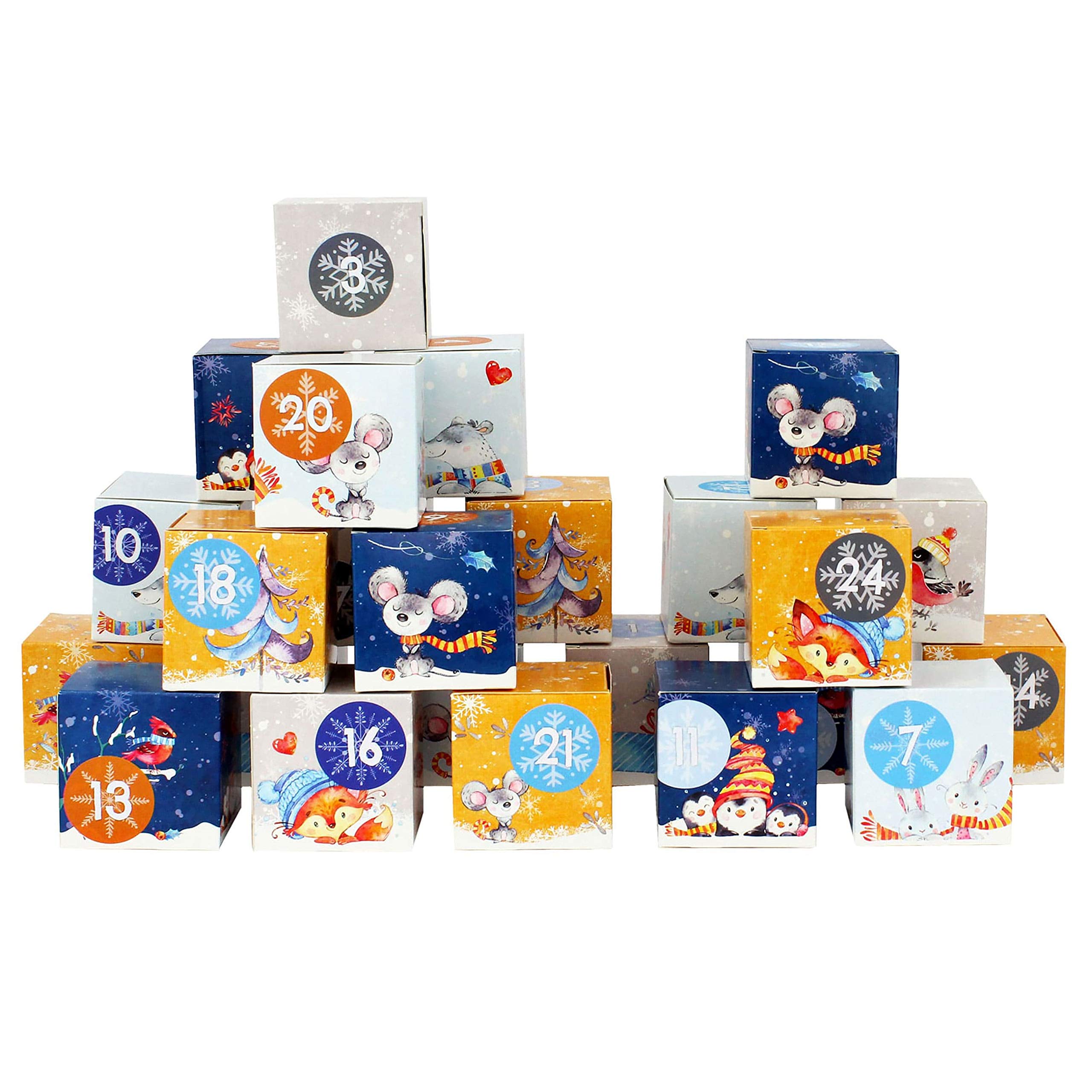 24 Advent calendar boxes - forest animals in gray, dark blue, light blue & yellow design - for you to craft for yourself - Christmas 2018