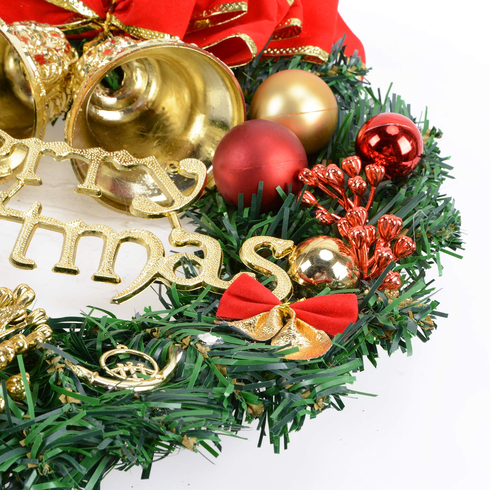 Voilamart Christmas Wreath 40CM/16Inch Artificial Garland with Bowknot Bells and Baubles Xmas Decorations for Fireplaces Stairs Wall Door