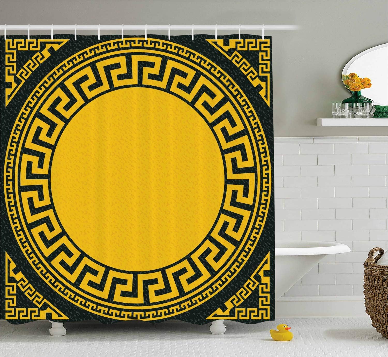 LongTrade Greek Key Shower Curtains Sun Inspired Big Circle with Antique Fret and Triangular Ornaments, Fabric Bathroom Decor Set with Hooks Charcoal Grey 60x72 inch