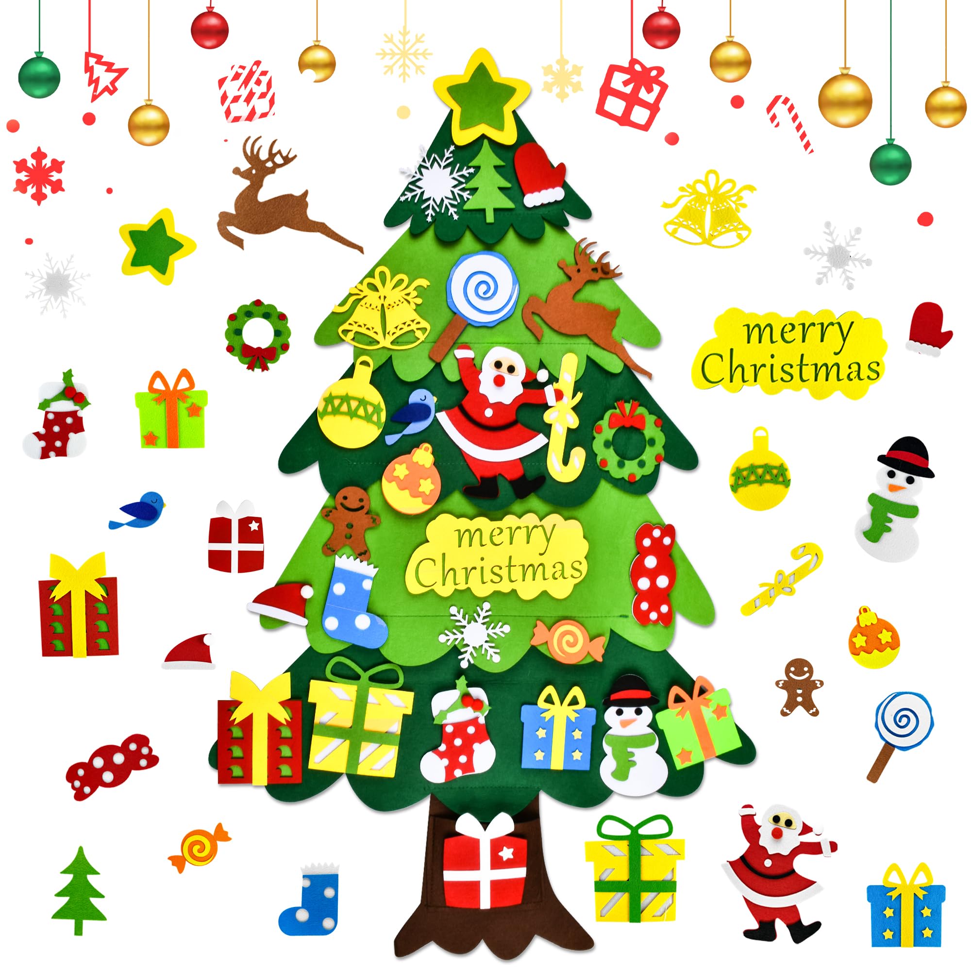 DazSpirit Children’s DIY Felt Christmas Tree Kit – 3.28ft Wall Hanging Xmas Tree for Kids & Toddlers with 28 Ornaments – Interactive Christmas Decorations for Home, Door, & Window