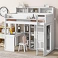 Merax Twin Loft Bed with Storage Shelves and Under-Bed Desk, Wooden Bed Frames with Wardrobe and 3 Cabinets, White