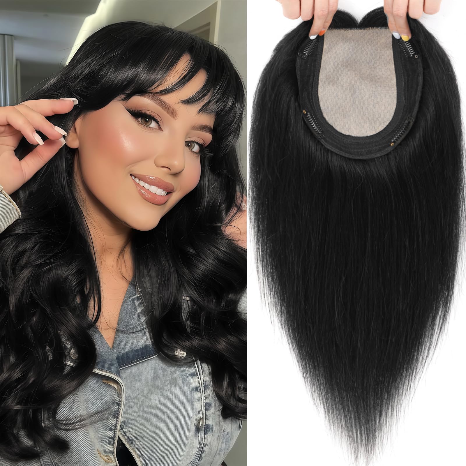 Photo 1 of OLLAVO Hair Toppers for Women Real Human Hair, 360° 3D Toppers Pieces for Women with Thinning Crown Wispy Bangs 16 Inch Upgrade Big Basement (Black, 16 Inch Wispy Bangs)