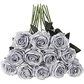 Tifuly Silver Roses Artificial Flowers -12Pcs Realistic Single Long Stem Fake Silk Roses Bouquet for Party Home Wedding Centerpiece Hotel Office Decor