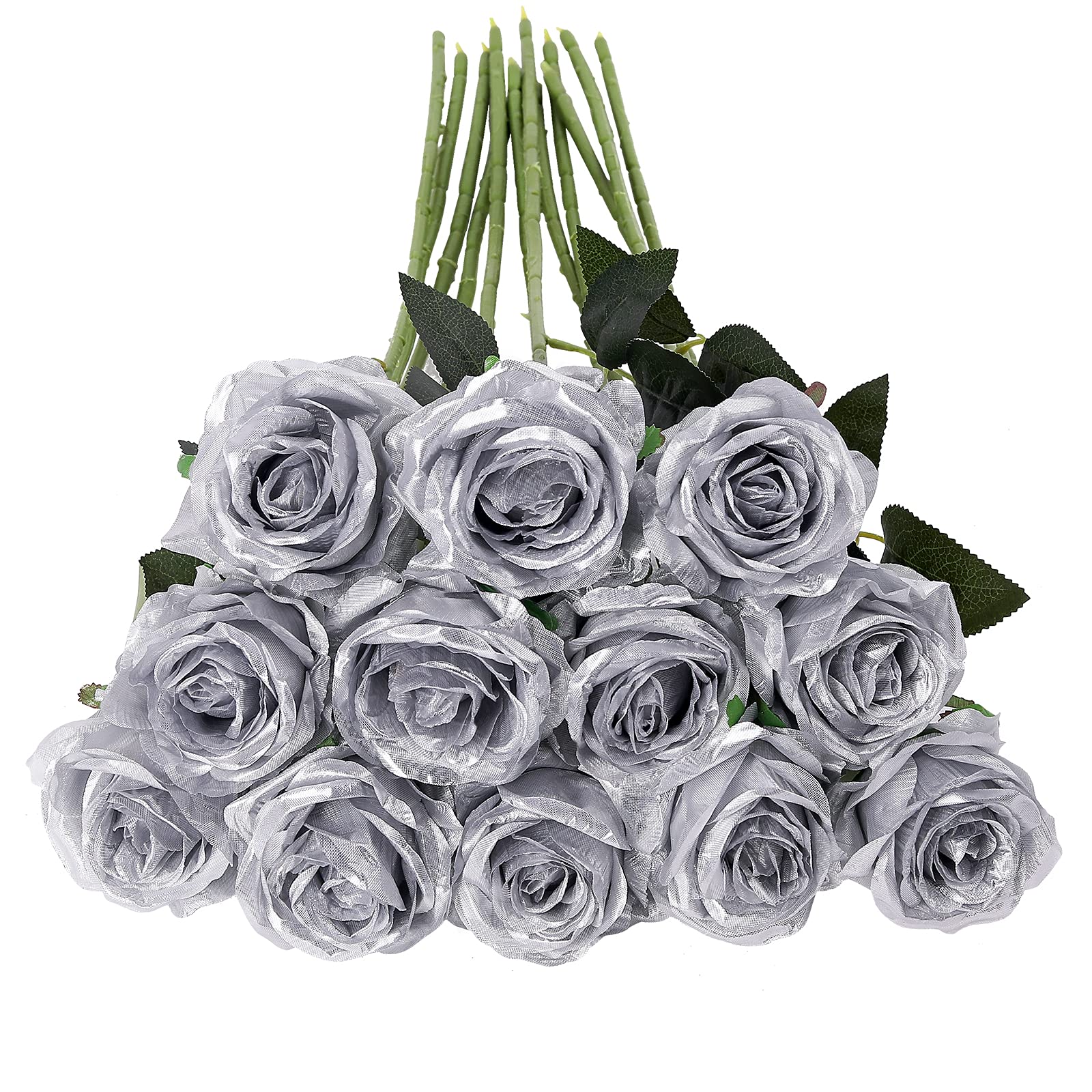 Tifuly 12 PCS Artificial Roses, 19.68'' Single Long Stem Fake Rose Silk Bridal Wedding Bouquet Realistic Flower for Home Garden Party Hotel Office Decor(Blossom Roses,Silver)