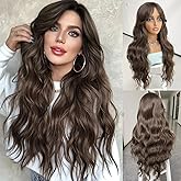 LEOSA Dark Brown Wig,26 Inch Long Wavy Chocolate Brown Layered Wig with Curtain Bangs for Women Synthetic Natural Looking Middle Part Hair Wig for Daily Party,Dark Brown