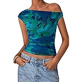 PRETTYGARDEN Women's Off Shoulder Tops 2026 Summer Going Out Crop Tank Tops Asymmetrical Floral Mesh Tight Y2K Shirts Clothes