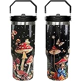 30oz Mushroom Tumbler with Handle and Straw, Mushroom Insulated Leak Proof Travel Coffee Mug, Reusable Stainless Steel Tumbler for Mushroom Lovers, Mushroom Gifts for Women