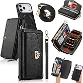 LITOU Compatible for iPhone 17 Air Crossbody Wallet Purse Phone Case,Detachable Magnetic,RFID Blocking Card Holder,Zipper Leather Wallet Wrist Lanyard Strap Case for Women.Black