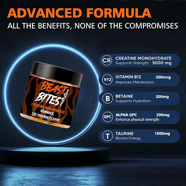 BEAST BITES NUTRITION CREATINE MONOHYDRATE GUMMIES FOR MEN & WOMEN – 5G OF CREATINE MONOHYDRATE PER SERVING – SUGAR FREE,VEGAN, ORANGE FLAVOR, 135 COUNT (45 SERVINGS).