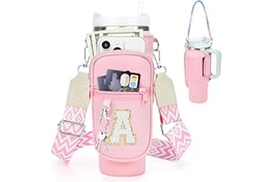 LOKASS Initial Water Bottle Holder with Strap for Stanley 40oz Tumbler Accessories, A-Z Personalized Water Bottle Carrier Bag with Phone Pocket for Stanley Cup Pouch
