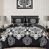 Mybedsoul Queen Comforter Set, 7 Pieces Boho Bed in a Bag for Queen Bed, Black Damask Comforter Set with Sheets, Pillowcases & Shams, Soft Microfiber Lightweight Bedding Sets for All Season(90"x90")