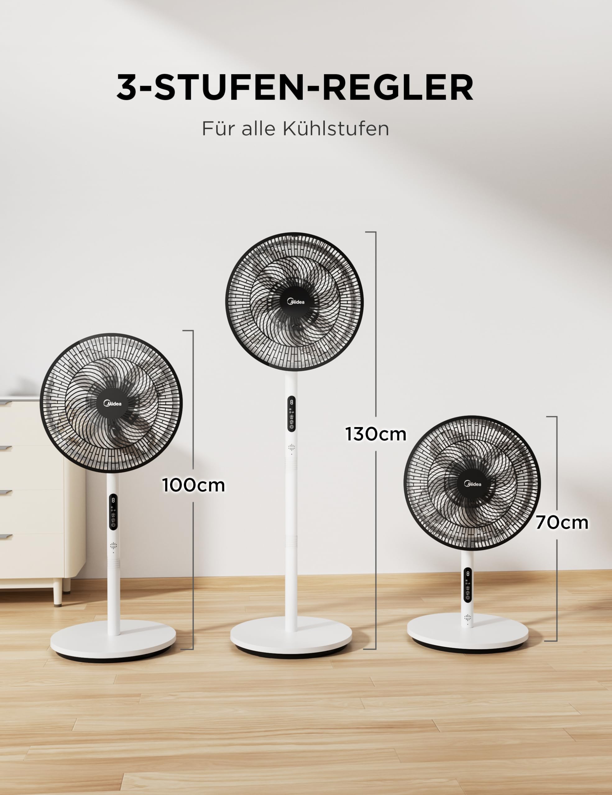 Midea Standventilator Leise mit Fernbedienung FS35-26XRD(BW), 3 Geschwindigkeitsstufen,LED Anzeige, 7,5H Timer, höhenverstellbar, 80°Oszil-lationsfunktion, 55W, Weiß, Zirkulator, 30-60-80-110cm 2