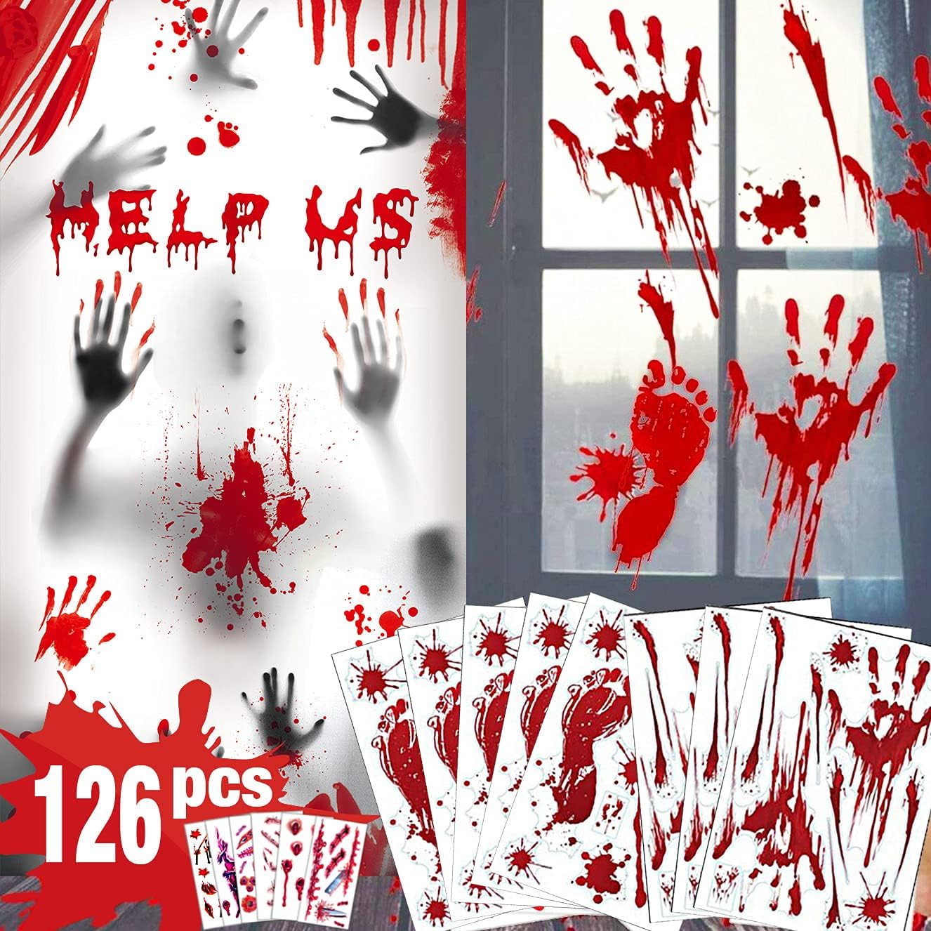 Window Treatments - Halloween Decorations 126 PCS Halloween Window Clings, 8 Sheets Bloody Handprint Footprint Halloween Wall Decal Floor Clings with Tattoo Stickers, Scary Halloween Decoration Window Stickers