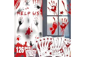 VANOW Halloween Decorations 179 PCS Halloween Window Clings, 13 Sheets Bloody Handprint Footprint Halloween Wall Decal Floor Clings with Tattoo Stickers, Scary Halloween Decoration Window Stickers