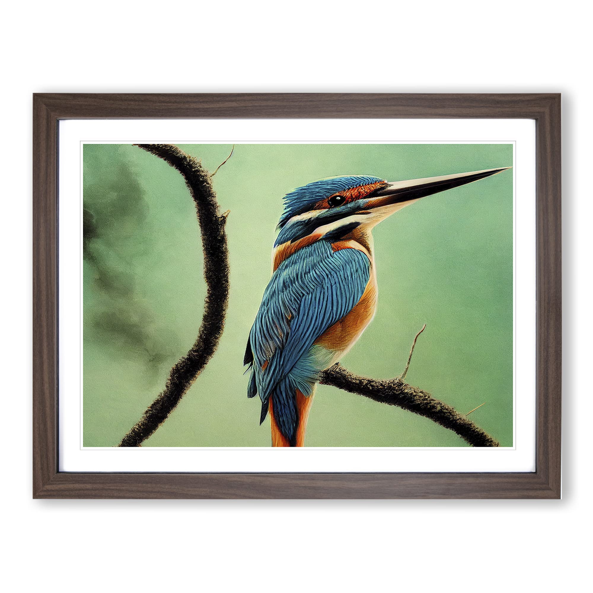 Enigmatic Kingfisher Bird Framed Print | A4 Walnut Framed Wall Art | Ready to Hang | Modern Nature Picture | Living Room Bedroom Lounge Office