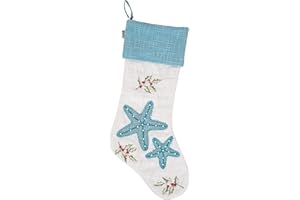 NATIONAL TREE COMPANY HGTV Home Collection Unlit Embroidered Blue Starfish Stocking with Hanging Loop, Unlit, HGTV Home Collection, White, 20 in