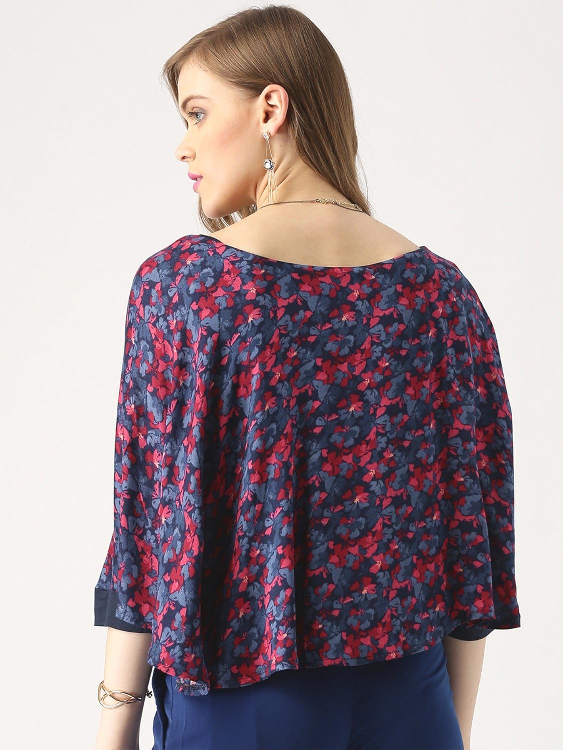 marie claire women blue & red floral print cape top (mc404)