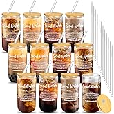 Reallnaive 12 Set Social Worker Appreciation Gifts Bulk Employee Appreciation Cups for Team Staff Coworker Thank You Gifts Glass Cups 16 oz Can Shaped Beer Glass with Lids Straws(Classic)