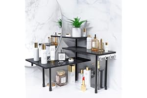 Ollieroo Kitchen Counter Shelf Organizer, 3 Tier Corner Shelf Bamboo Bathroom Countertop Organizer with Hooks, Space Saving Makeup Organizer Spice Rack Corner Plant Shelf