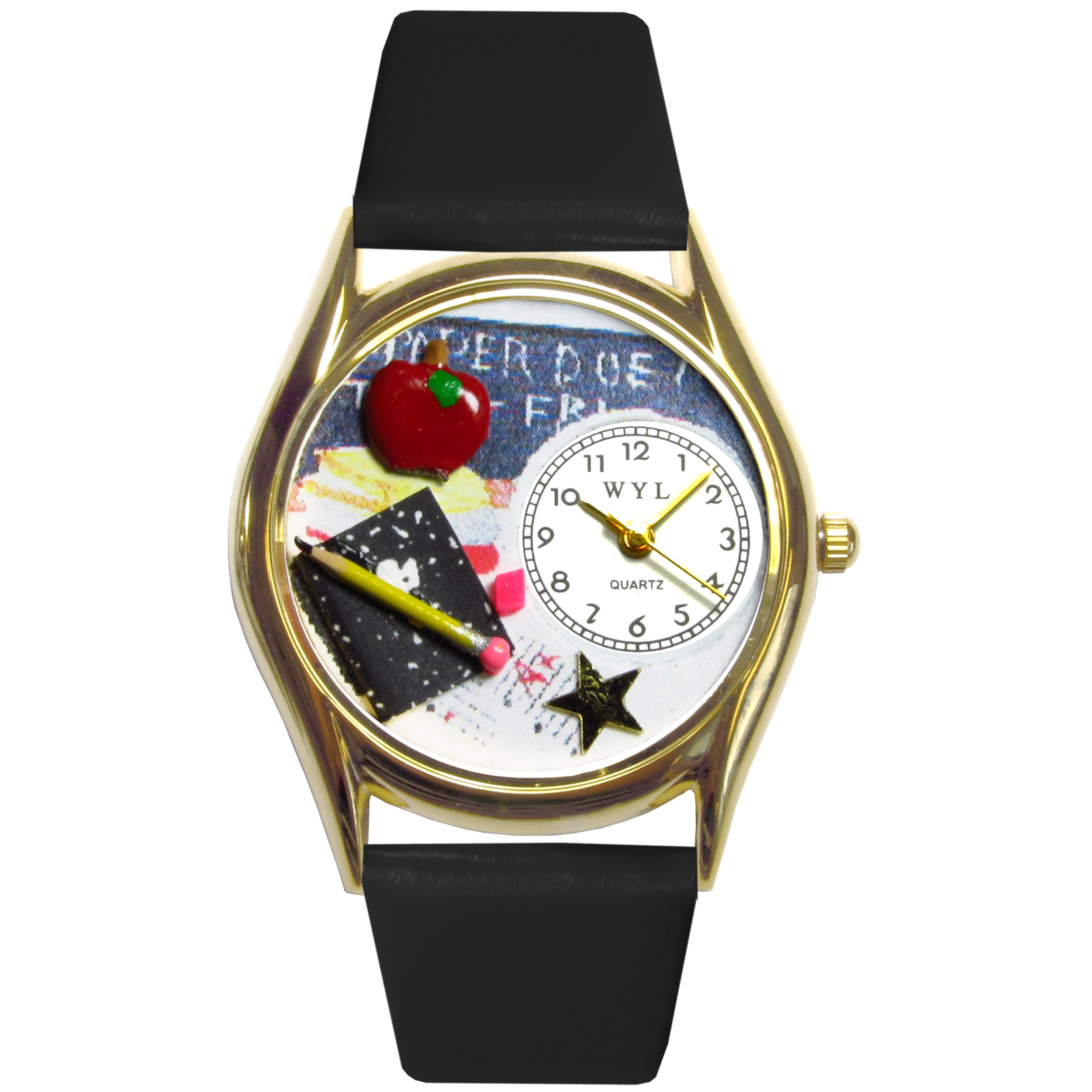 Whimsical Watches Kindergarten Teacher Red Leather and Goldtone Unisex Quartz Watch with White Dial Analogue Display and Multicolour Leather Strap C-0640010