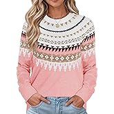 LOMON Womens Casual Lightweight Vintage Fair Isle Sweater Raglan Sleeve Crew Neck Knitted Pullover Comfy Warm Fall Tops