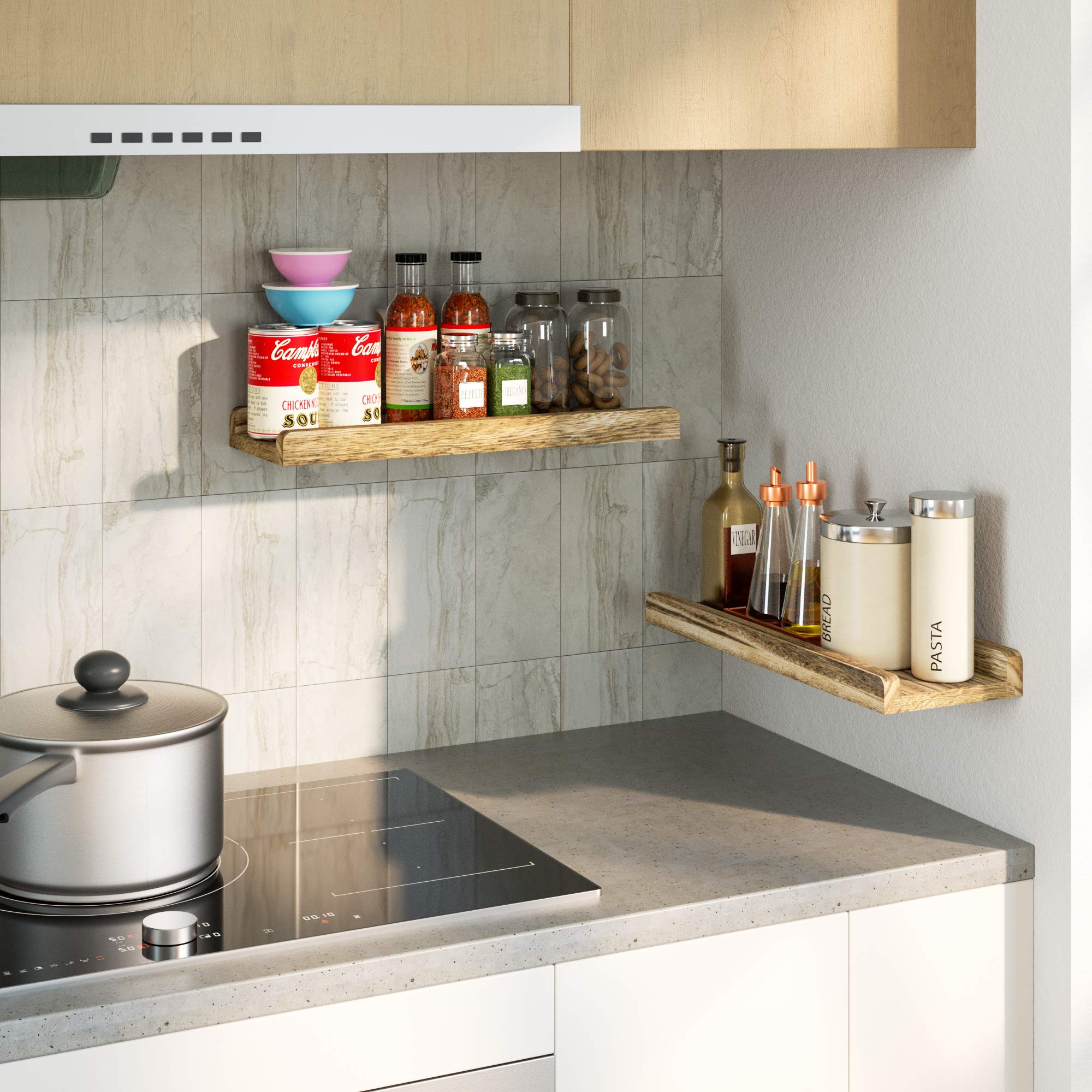 Love-KANKEI Floating Shelves Wall Mounted Set of 2 Rustic Wood Wall Shelves for Bedroom Living Room Bathroom Kitchen Office and More Carbonized Black